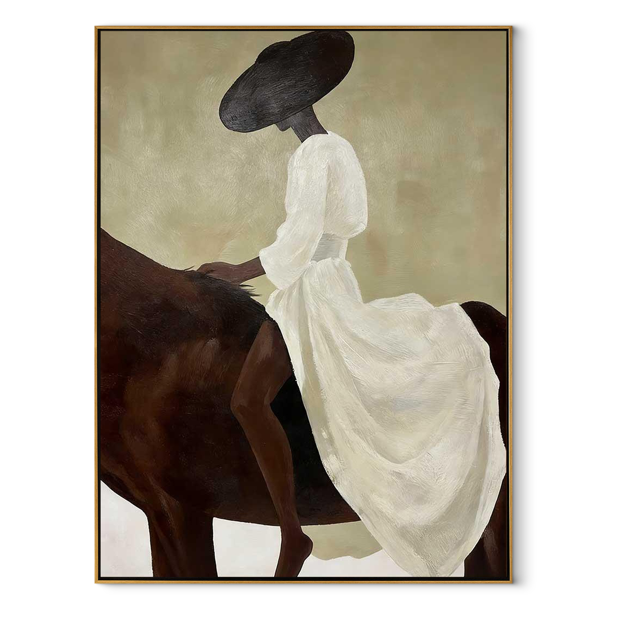 Moonlit Horse Meet the Open Sky - figure and horse painting by Isabelle Laurent, modern Western vertical wall art – wood frame on white background