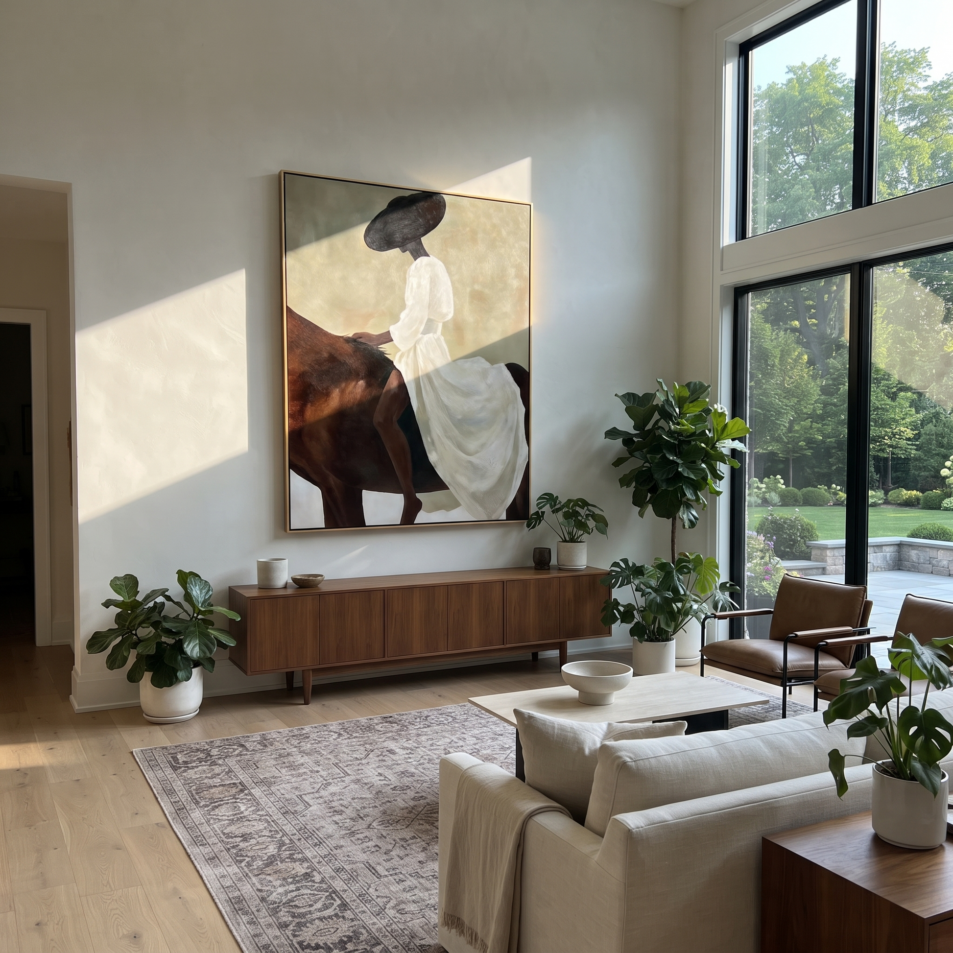 Moonlit Horse Meet the Open Sky - figure and horse painting by Isabelle Laurent, modern Western vertical wall art – styled room scene view 2