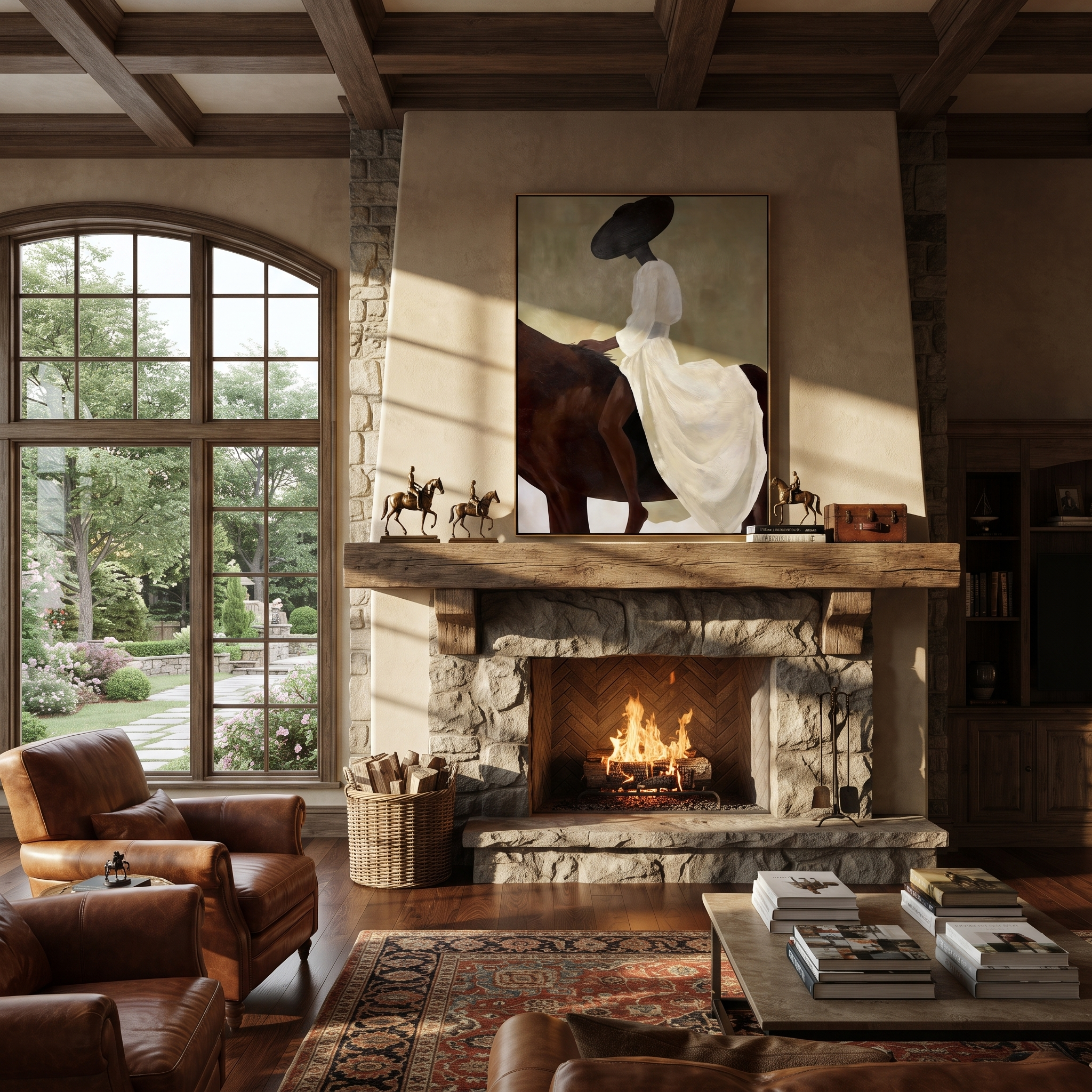 Moonlit Horse Meet the Open Sky - figure and horse painting by Isabelle Laurent, modern Western vertical wall art – styled room scene view 3