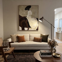 Moonlit Horse Meet the Open Sky - figure and horse painting by Isabelle Laurent, modern Western vertical wall art – styled room scene view 4