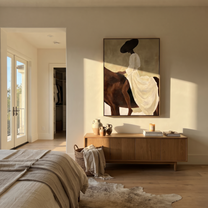 Moonlit Horse Meet the Open Sky - figure and horse painting by Isabelle Laurent, modern Western vertical wall art – styled room scene view 5