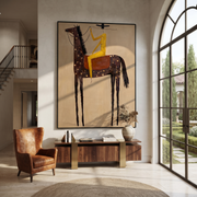 Wild Grace Meet the Open Sky - horse and rider painting by Isabelle Laurent, modern Western vertical wall art – styled room scene view 1