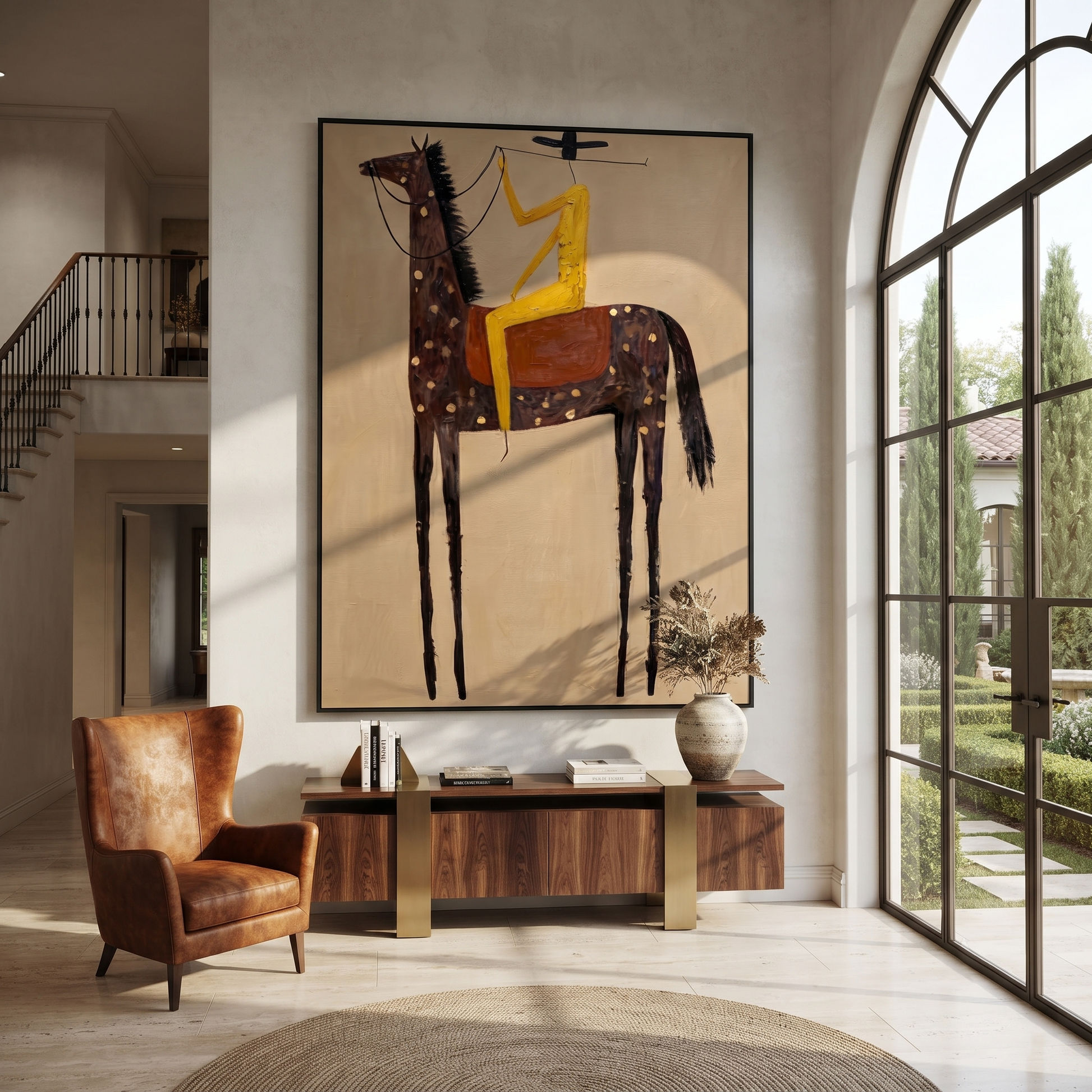 Wild Grace Meet the Open Sky - horse and rider painting by Isabelle Laurent, modern Western vertical wall art – styled room scene view 1