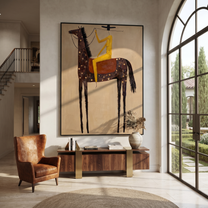 Wild Grace Meet the Open Sky - horse and rider painting by Isabelle Laurent, modern Western vertical wall art – styled room scene view 1