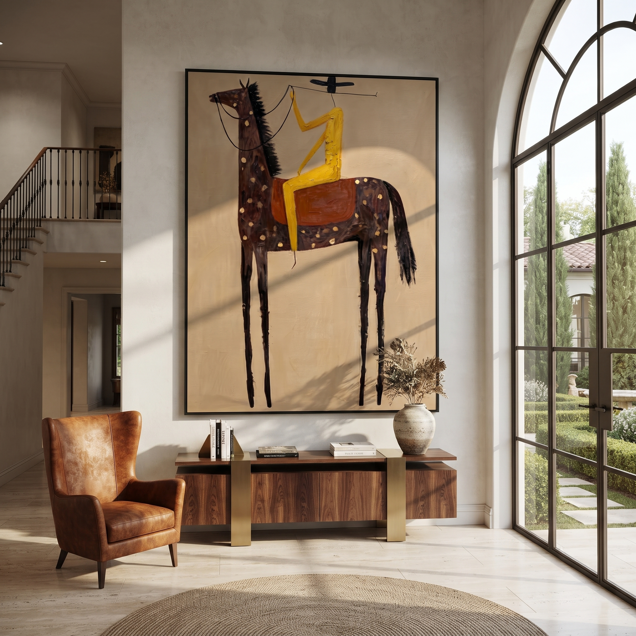 Wild Grace Meet the Open Sky - horse and rider painting by Isabelle Laurent, modern Western vertical wall art – styled room scene view 1