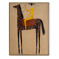 Wild Grace Meet the Open Sky - horse and rider painting by Isabelle Laurent, modern Western vertical wall art – wood frame on white background