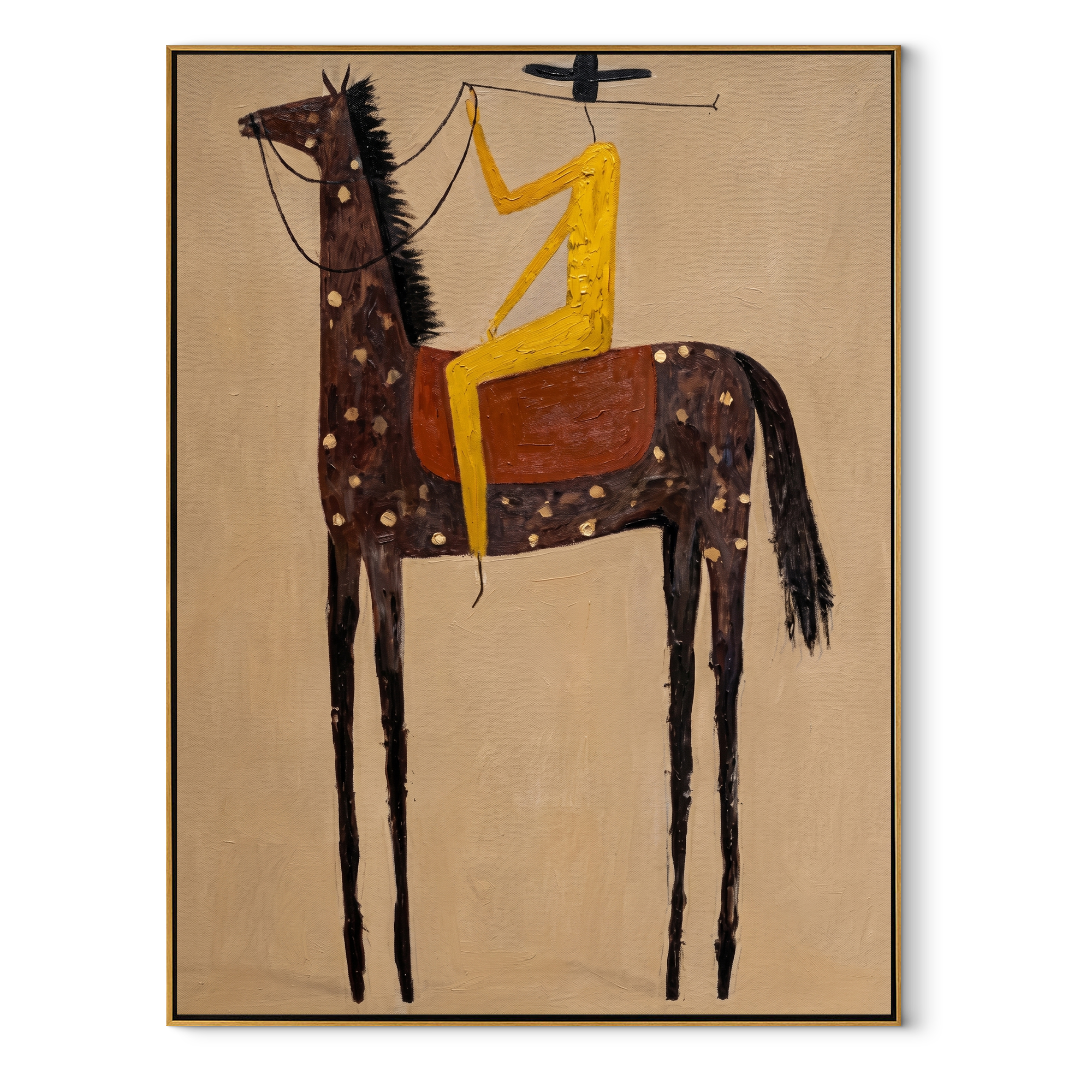 Wild Grace Meet the Open Sky - horse and rider painting by Isabelle Laurent, modern Western vertical wall art – wood frame on white background