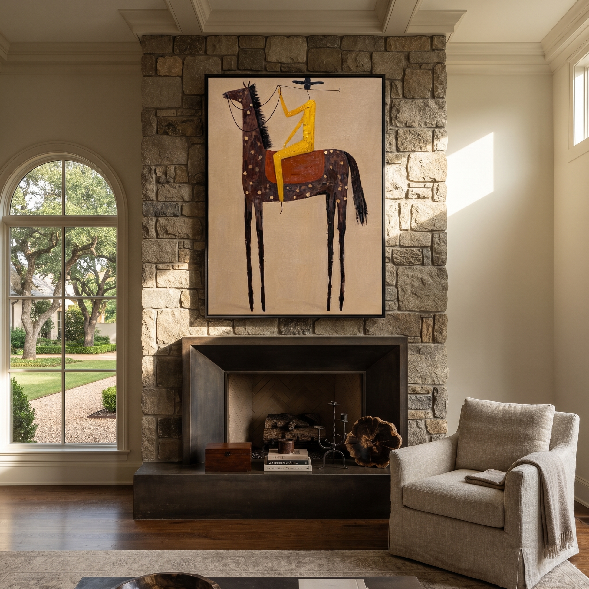 Wild Grace Meet the Open Sky - horse and rider painting by Isabelle Laurent, modern Western vertical wall art – styled room scene view 2