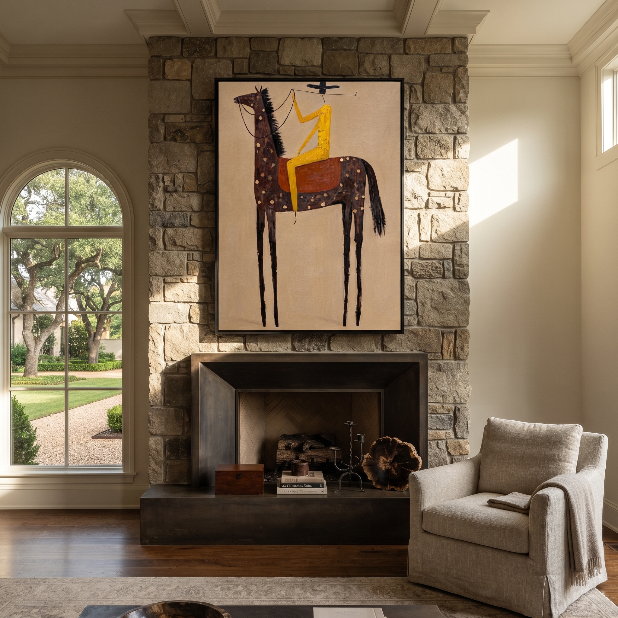 Wild Grace Meet the Open Sky - horse and rider painting by Isabelle Laurent, modern Western vertical wall art – styled room scene view 2