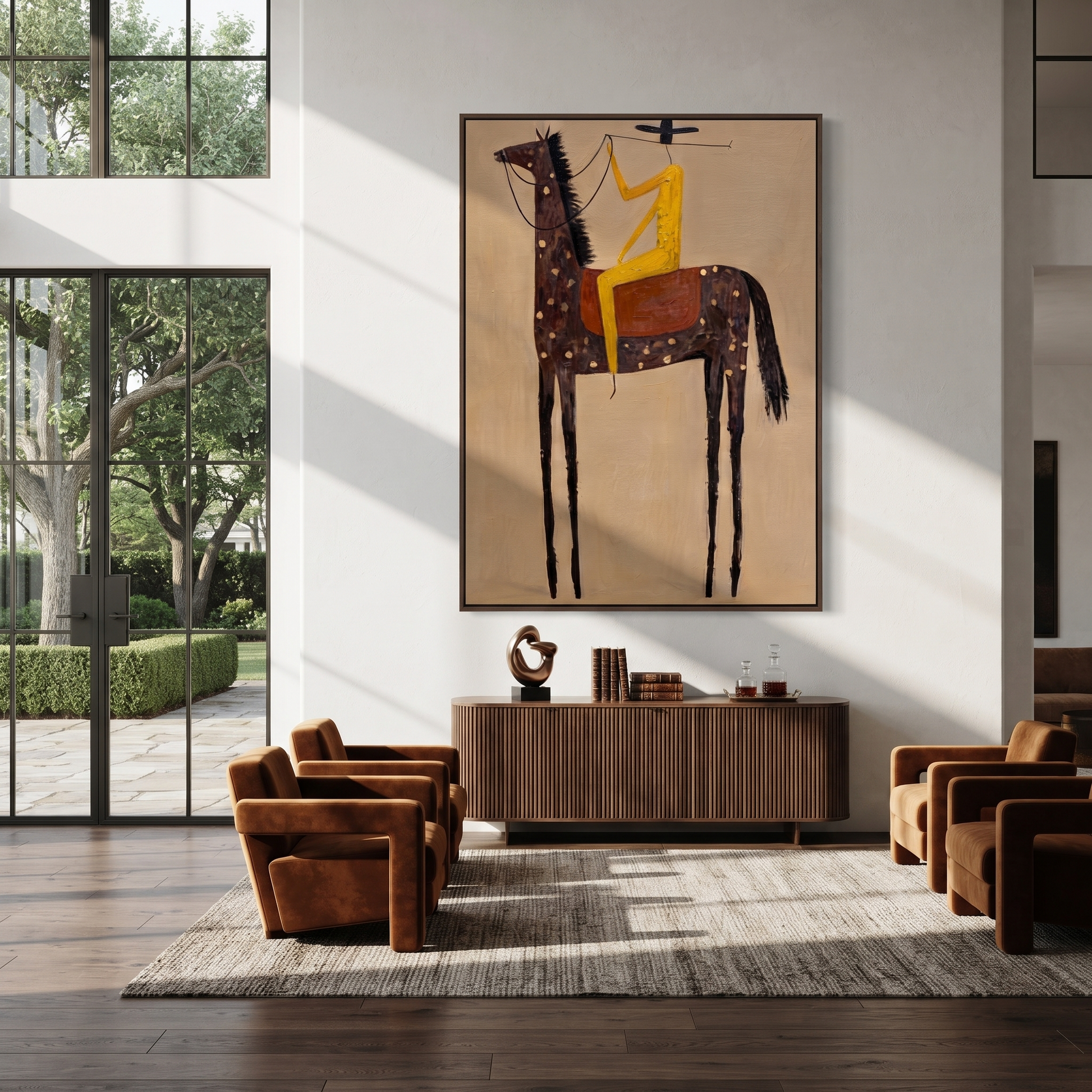 Wild Grace Meet the Open Sky - horse and rider painting by Isabelle Laurent, modern Western vertical wall art – styled room scene view 3