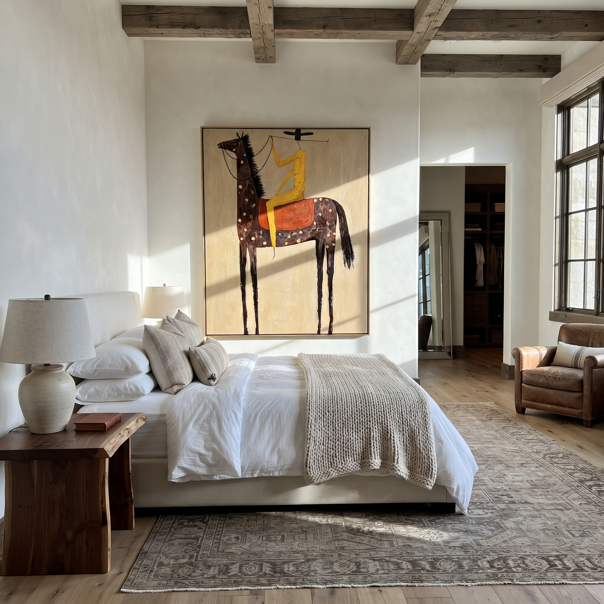 Wild Grace Meet the Open Sky - horse and rider painting by Isabelle Laurent, modern Western vertical wall art – styled room scene view 4