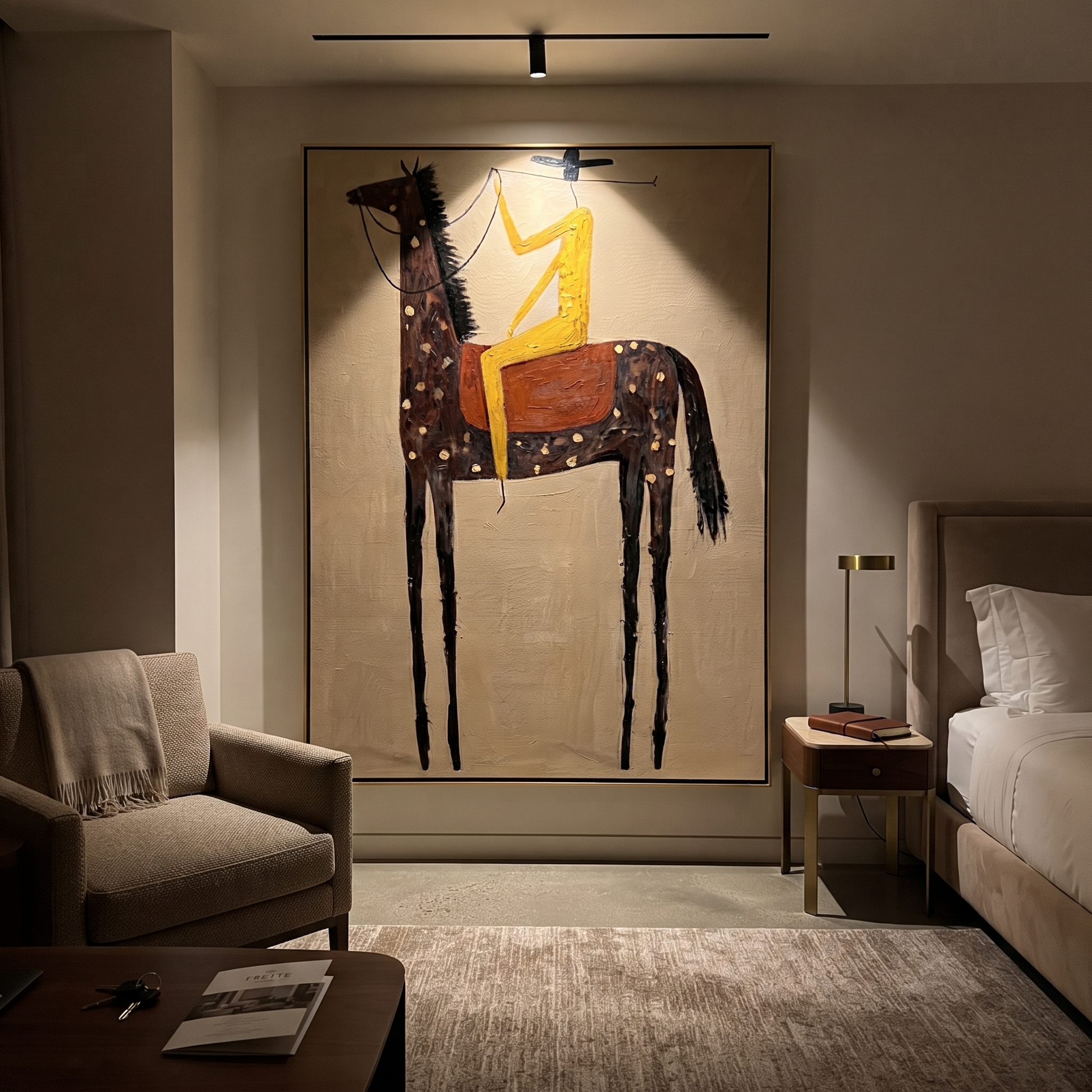 Wild Grace Meet the Open Sky - horse and rider painting by Isabelle Laurent, modern Western vertical wall art – styled room scene view 5