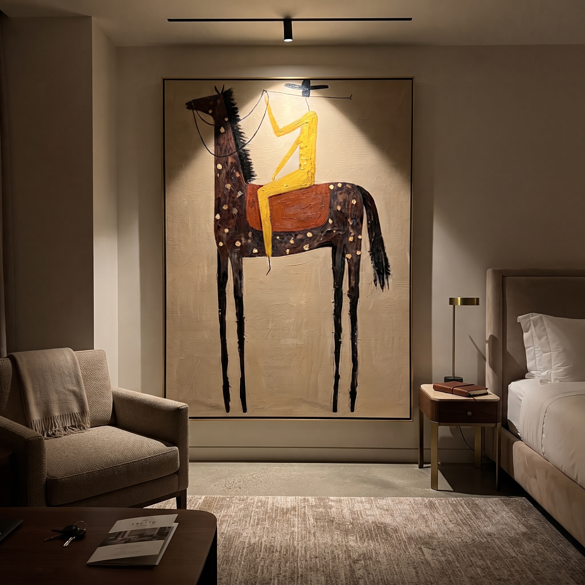 Wild Grace Meet the Open Sky - horse and rider painting by Isabelle Laurent, modern Western vertical wall art – styled room scene view 5