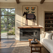 Sage Horizon Meet the Open Sky - folk horse painting by Isabelle Laurent, modern Western vertical wall art – styled room scene view 1