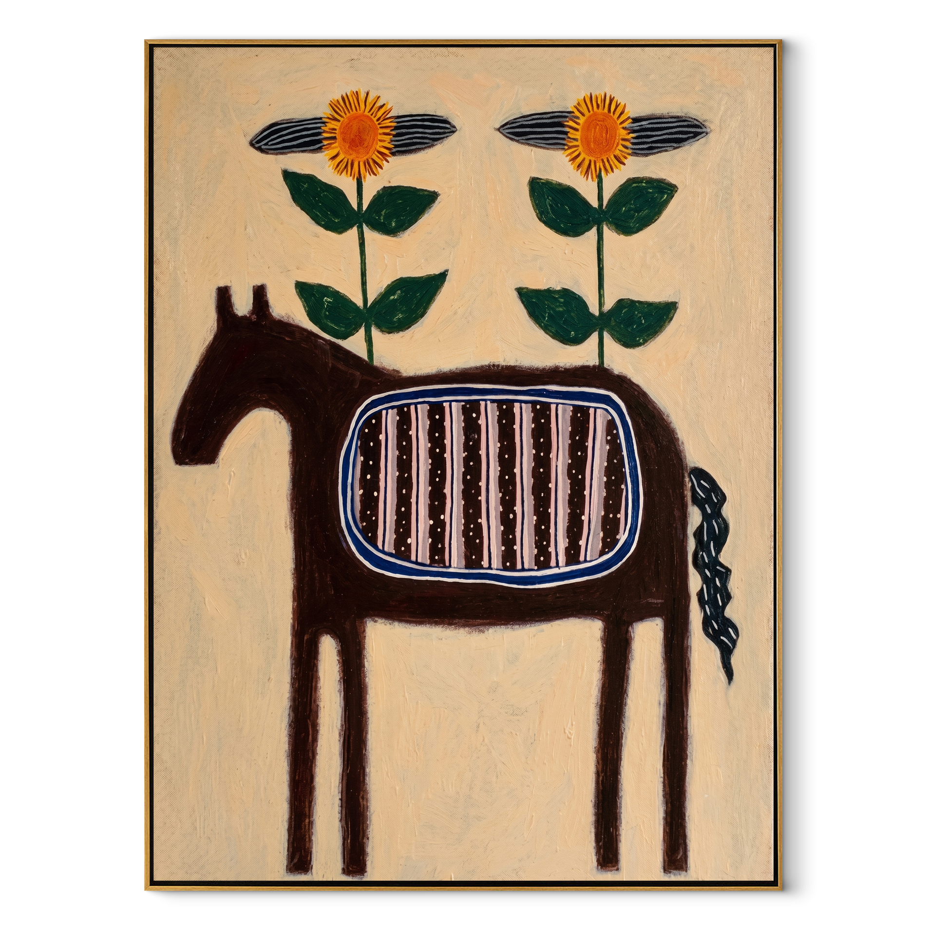 Sage Horizon Meet the Open Sky - folk horse painting by Isabelle Laurent, modern Western vertical wall art – wood frame on white background