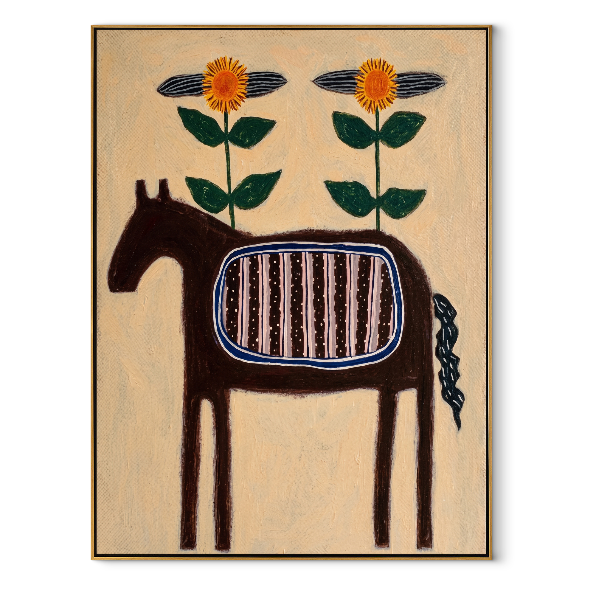 Sage Horizon Meet the Open Sky - folk horse painting by Isabelle Laurent, modern Western vertical wall art – wood frame on white background