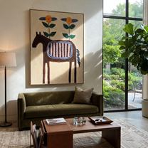 Sage Horizon Meet the Open Sky - folk horse painting by Isabelle Laurent, modern Western vertical wall art – styled room scene view 3