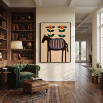 Sage Horizon Meet the Open Sky - folk horse painting by Isabelle Laurent, modern Western vertical wall art – styled room scene view 4