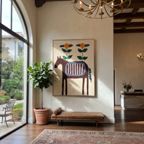 Sage Horizon Meet the Open Sky - folk horse painting by Isabelle Laurent, modern Western vertical wall art – styled room scene view 5