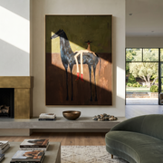 Amber Trail Meet the Open Sky - figure and horse painting by Isabelle Laurent, modern Western vertical wall art – styled room scene view 1