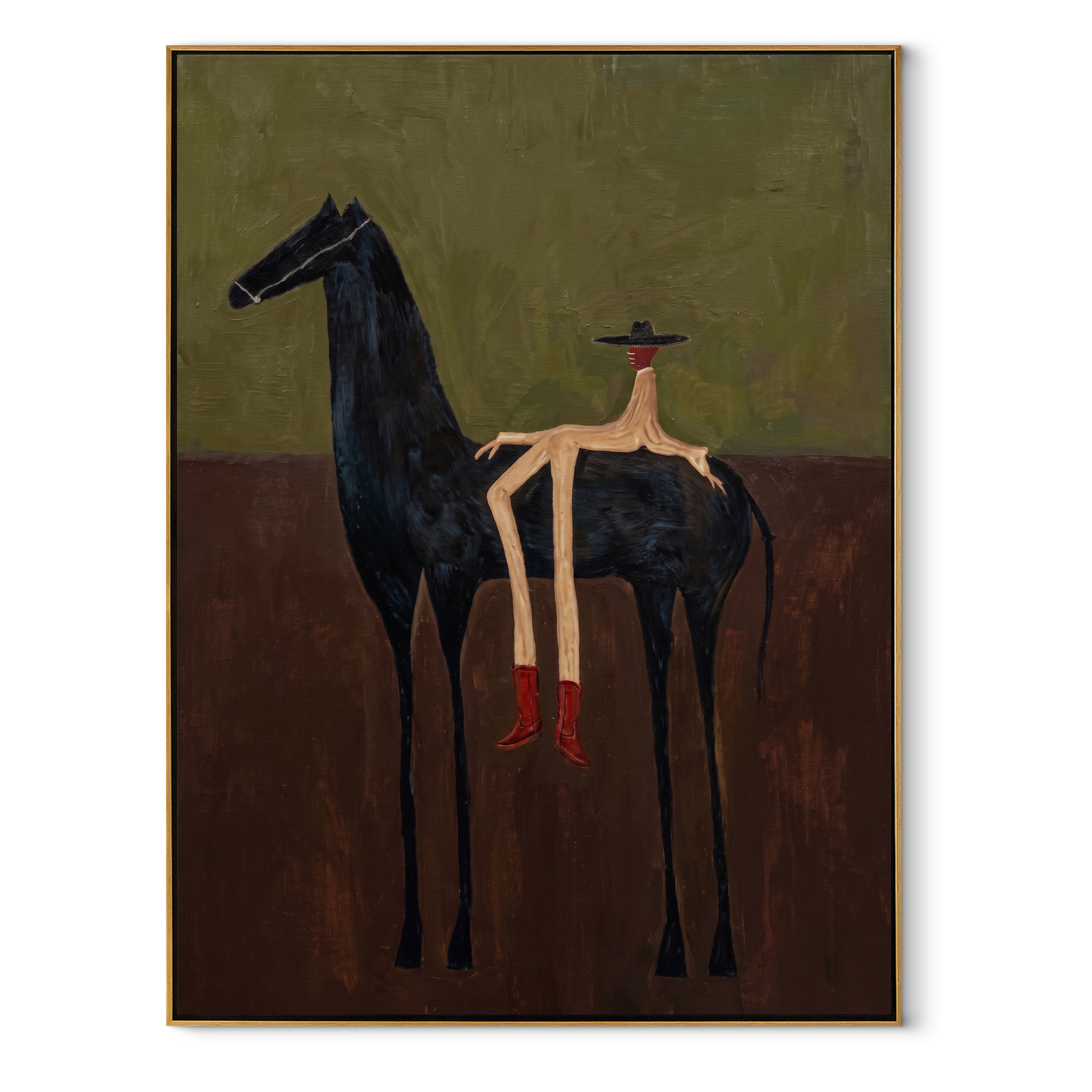 Amber Trail Meet the Open Sky - figure and horse painting by Isabelle Laurent, modern Western vertical wall art – wood frame on white background