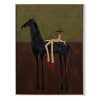 Amber Trail Meet the Open Sky - figure and horse painting by Isabelle Laurent, modern Western vertical wall art – wood frame on white background