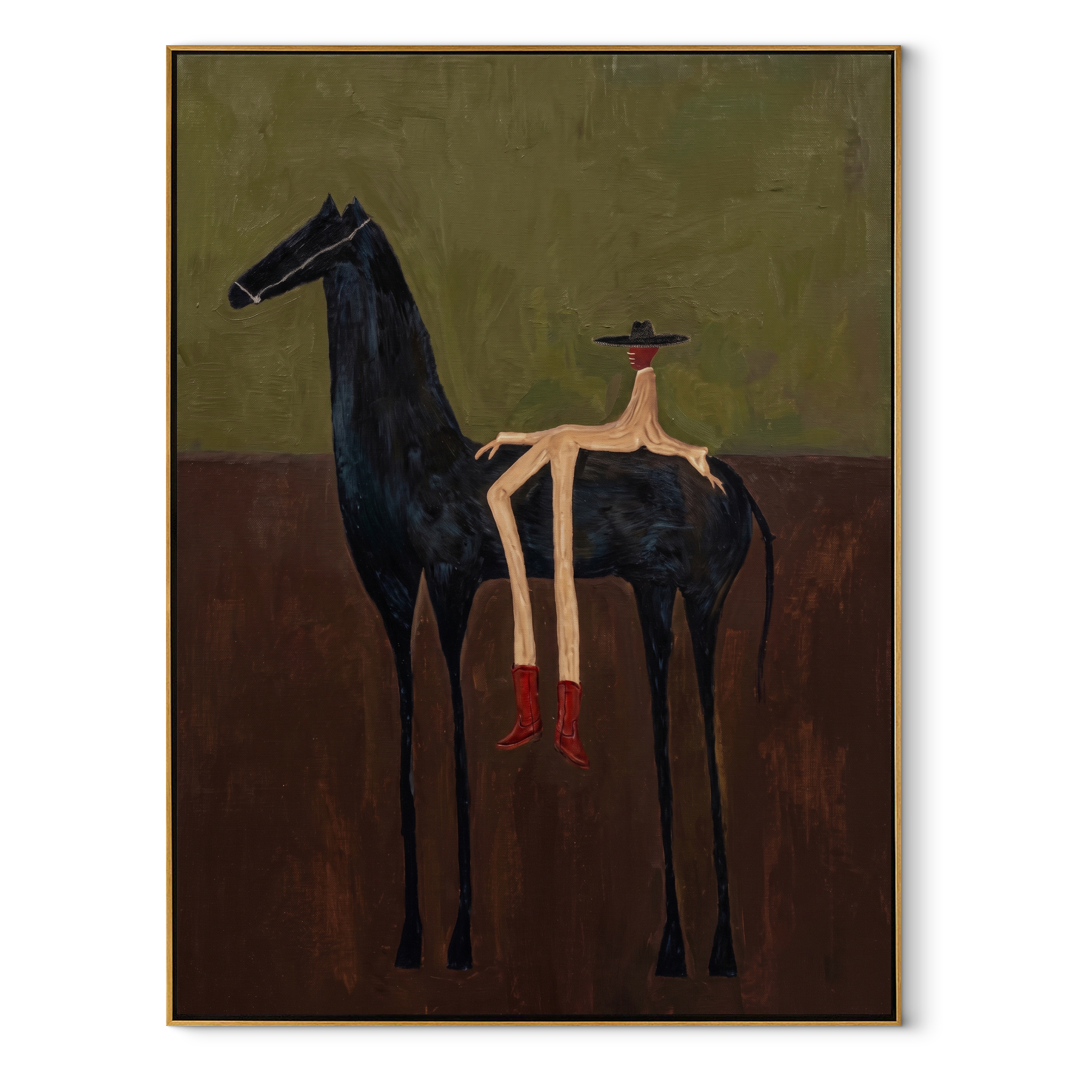 Amber Trail Meet the Open Sky - figure and horse painting by Isabelle Laurent, modern Western vertical wall art – wood frame on white background