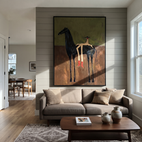 Amber Trail Meet the Open Sky - figure and horse painting by Isabelle Laurent, modern Western vertical wall art – styled room scene view 2