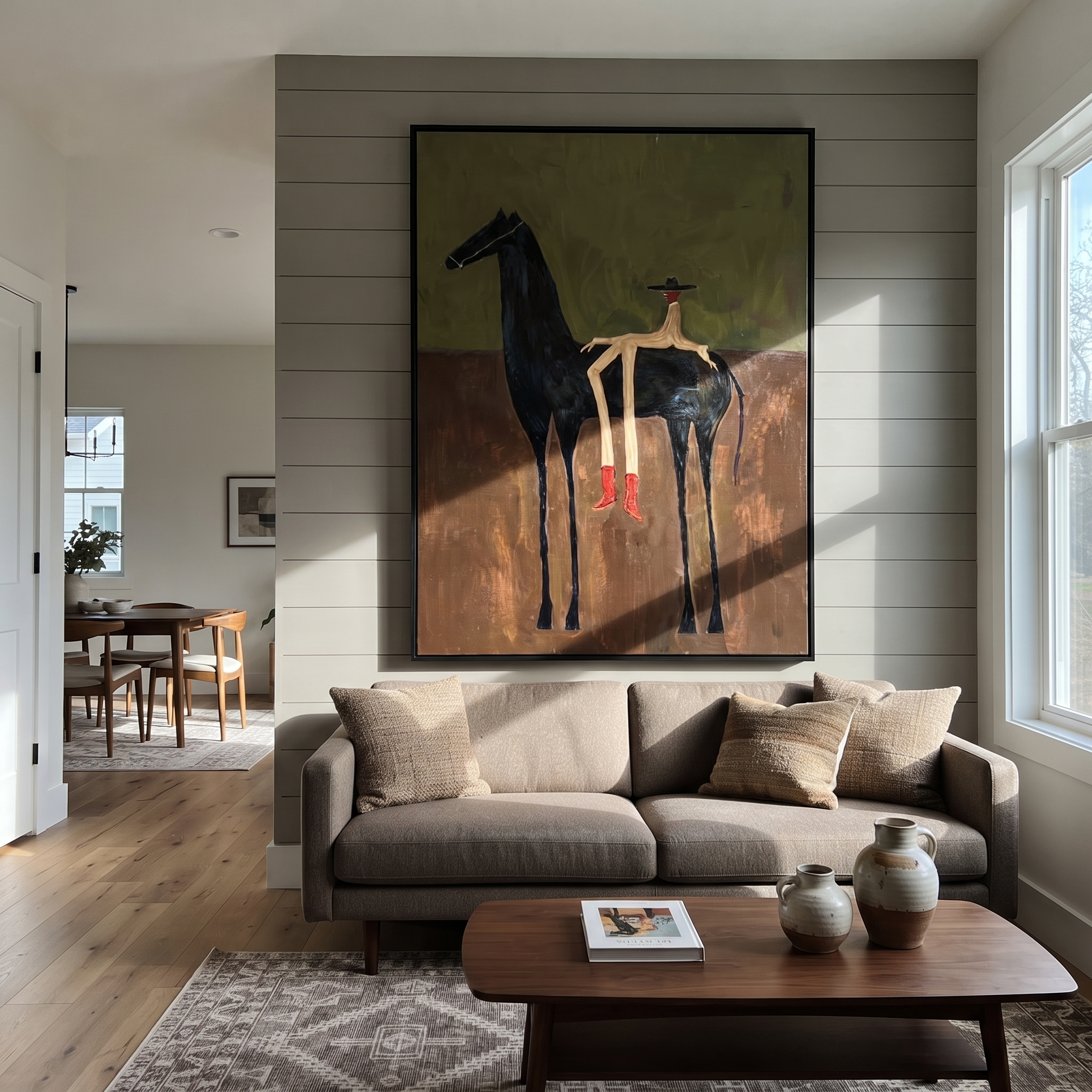 Amber Trail Meet the Open Sky - figure and horse painting by Isabelle Laurent, modern Western vertical wall art – styled room scene view 2