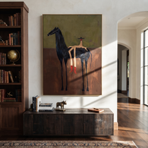 Amber Trail Meet the Open Sky - figure and horse painting by Isabelle Laurent, modern Western vertical wall art – styled room scene view 3