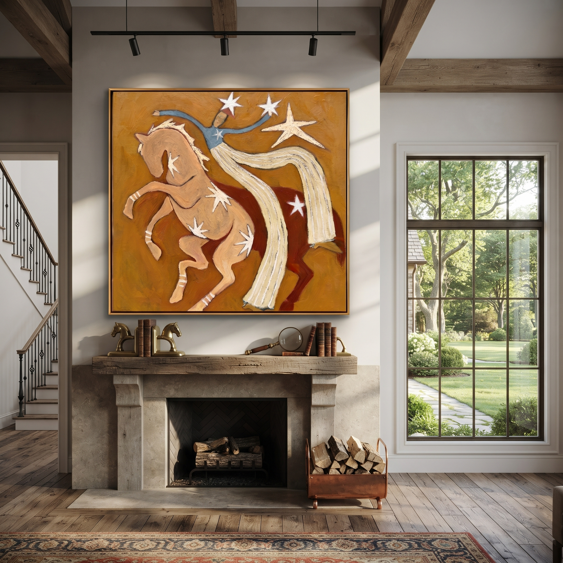 Still Hooves Follow the Dust Road - folk horse painting by Isabelle Laurent, modern Western square wall art – styled room scene view 1