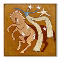 Still Hooves Follow the Dust Road - folk horse painting by Isabelle Laurent, modern Western square wall art – wood frame on white background