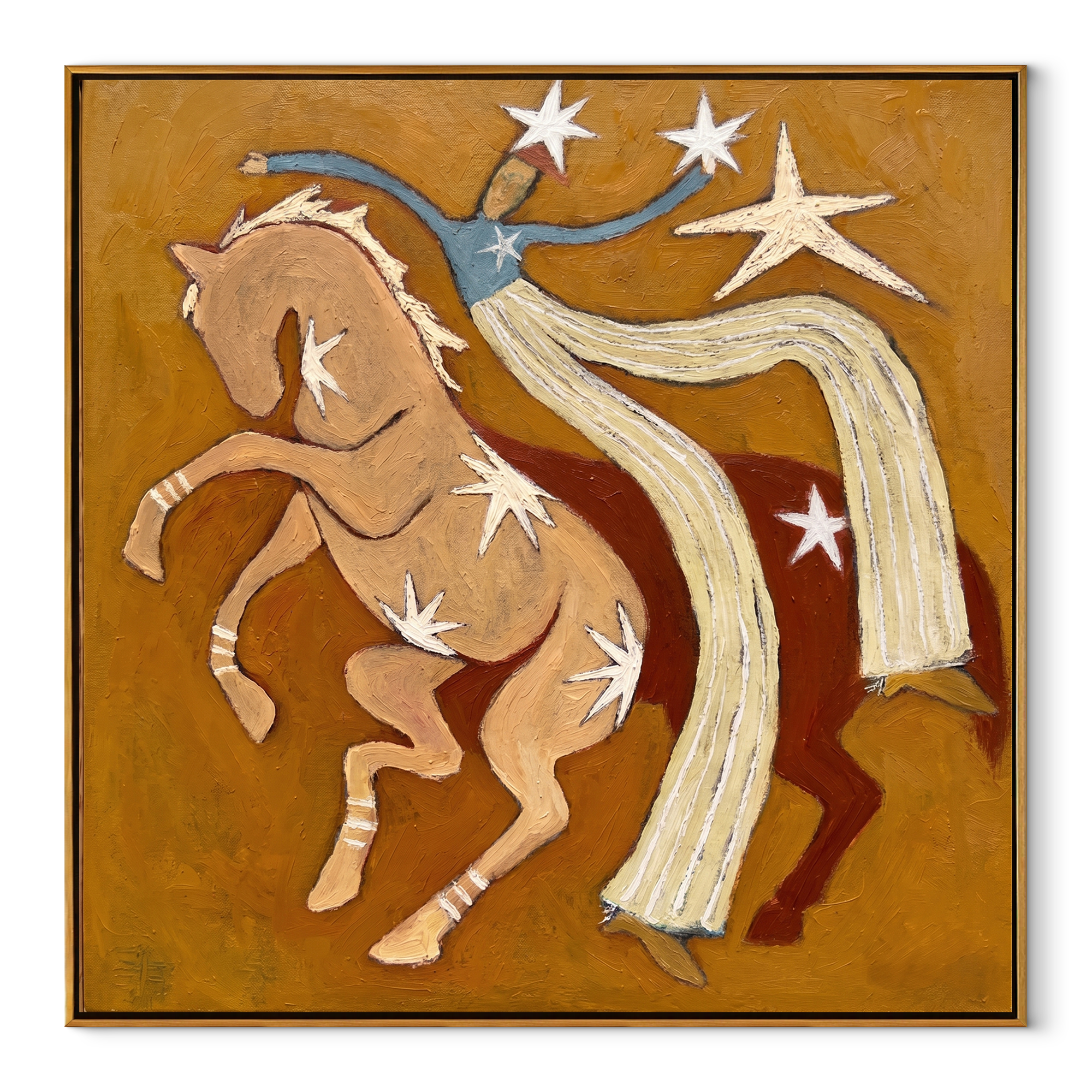 Still Hooves Follow the Dust Road - folk horse painting by Isabelle Laurent, modern Western square wall art – wood frame on white background