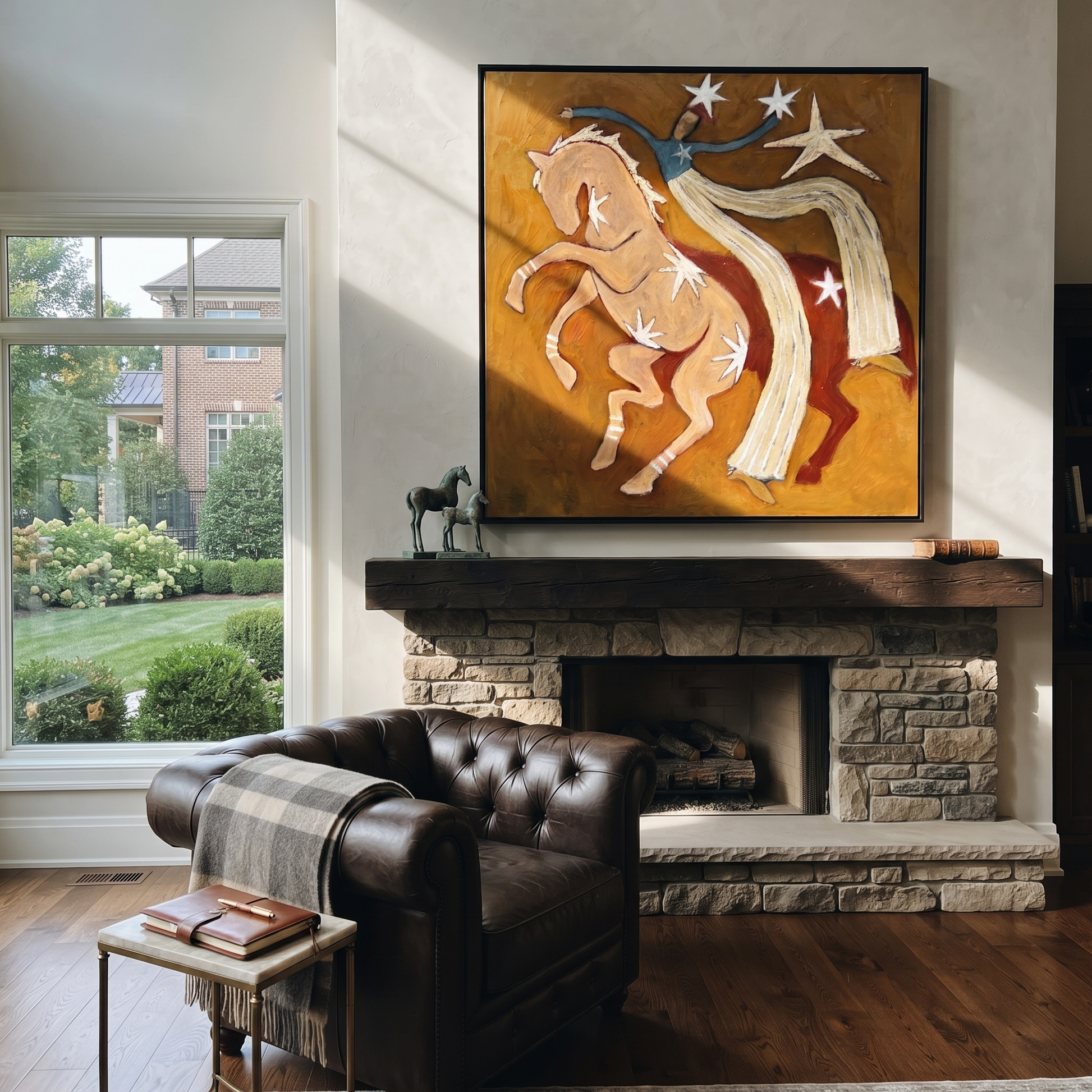 Still Hooves Follow the Dust Road - folk horse painting by Isabelle Laurent, modern Western square wall art – styled room scene view 2