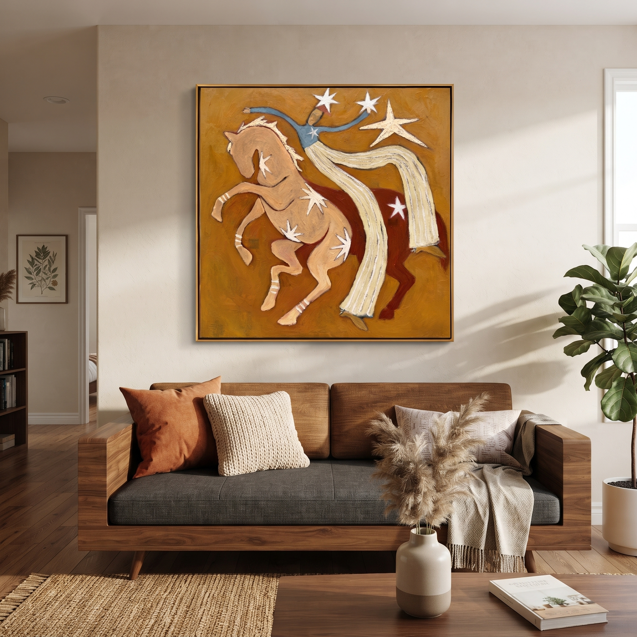 Still Hooves Follow the Dust Road - folk horse painting by Isabelle Laurent, modern Western square wall art – styled room scene view 3