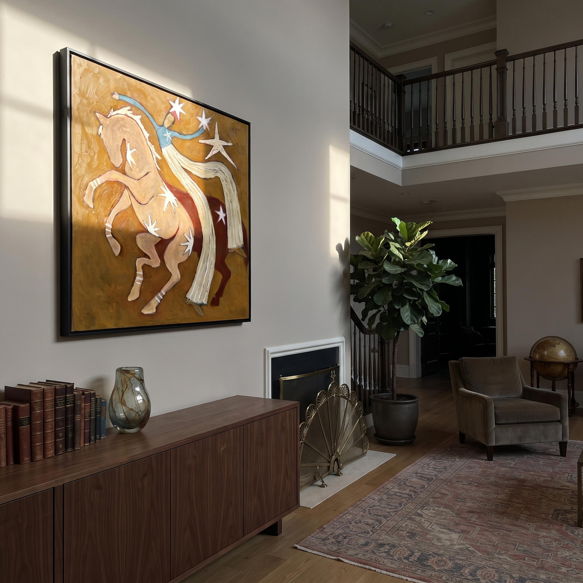 Still Hooves Follow the Dust Road - folk horse painting by Isabelle Laurent, modern Western square wall art – styled room scene view 4