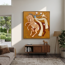 Still Hooves Follow the Dust Road - folk horse painting by Isabelle Laurent, modern Western square wall art – styled room scene view 5