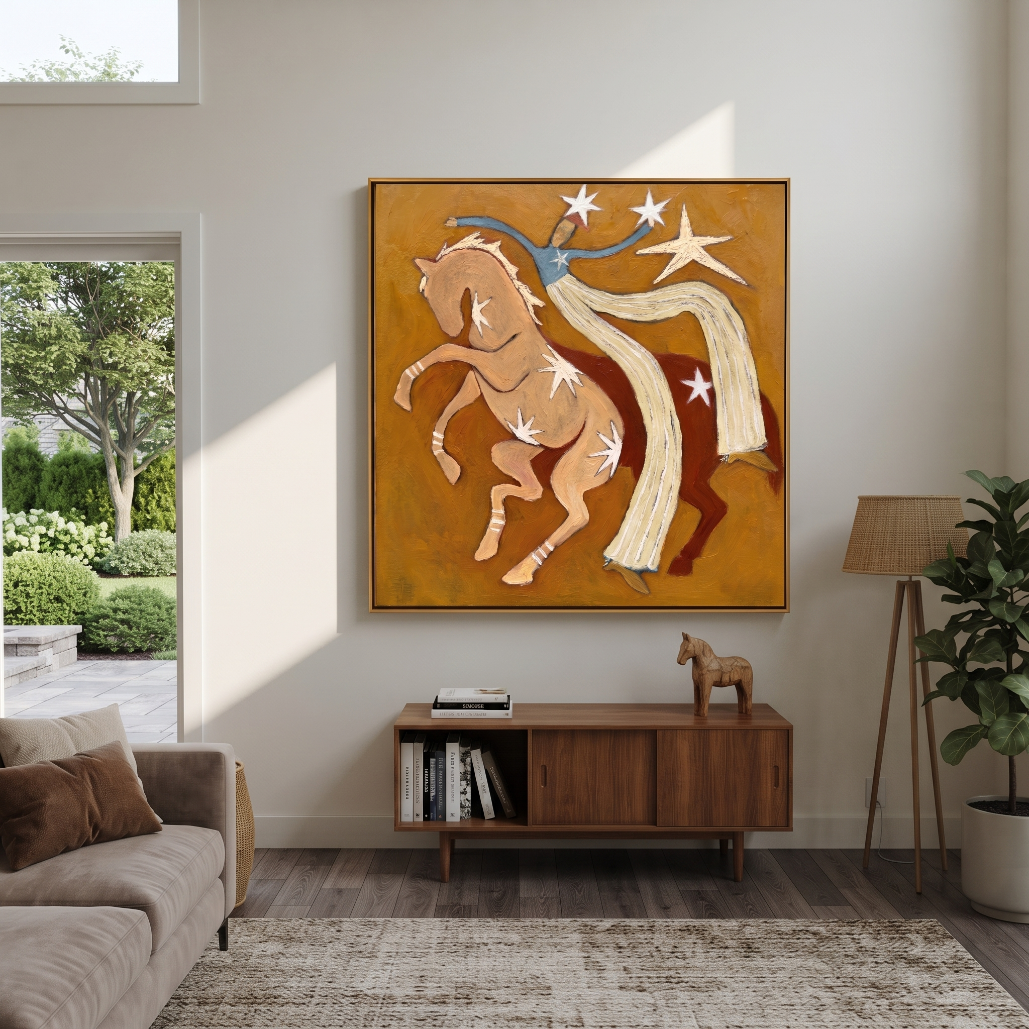 Still Hooves Follow the Dust Road - folk horse painting by Isabelle Laurent, modern Western square wall art – styled room scene view 5