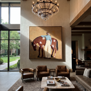 Midnight Rider Follow the Dust Road - figure and horse painting by Isabelle Laurent, modern Western square wall art – styled room scene view 1