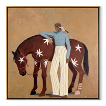 Midnight Rider Follow the Dust Road - figure and horse painting by Isabelle Laurent, modern Western square wall art – wood frame on white background
