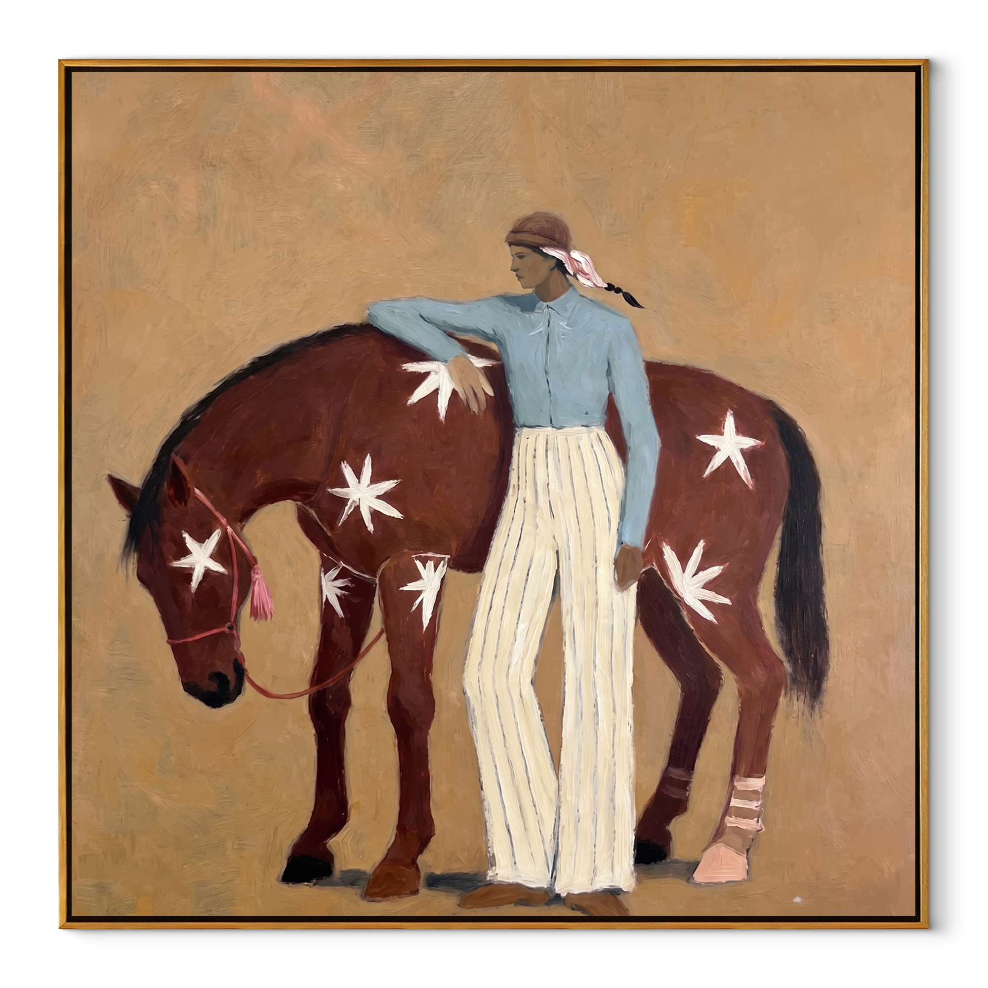 Midnight Rider Follow the Dust Road - figure and horse painting by Isabelle Laurent, modern Western square wall art – wood frame on white background