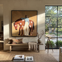 Midnight Rider Follow the Dust Road - figure and horse painting by Isabelle Laurent, modern Western square wall art – styled room scene view 2