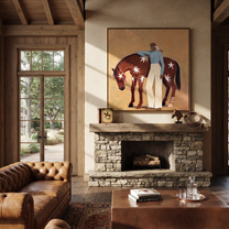 Midnight Rider Follow the Dust Road - figure and horse painting by Isabelle Laurent, modern Western square wall art – styled room scene view 3