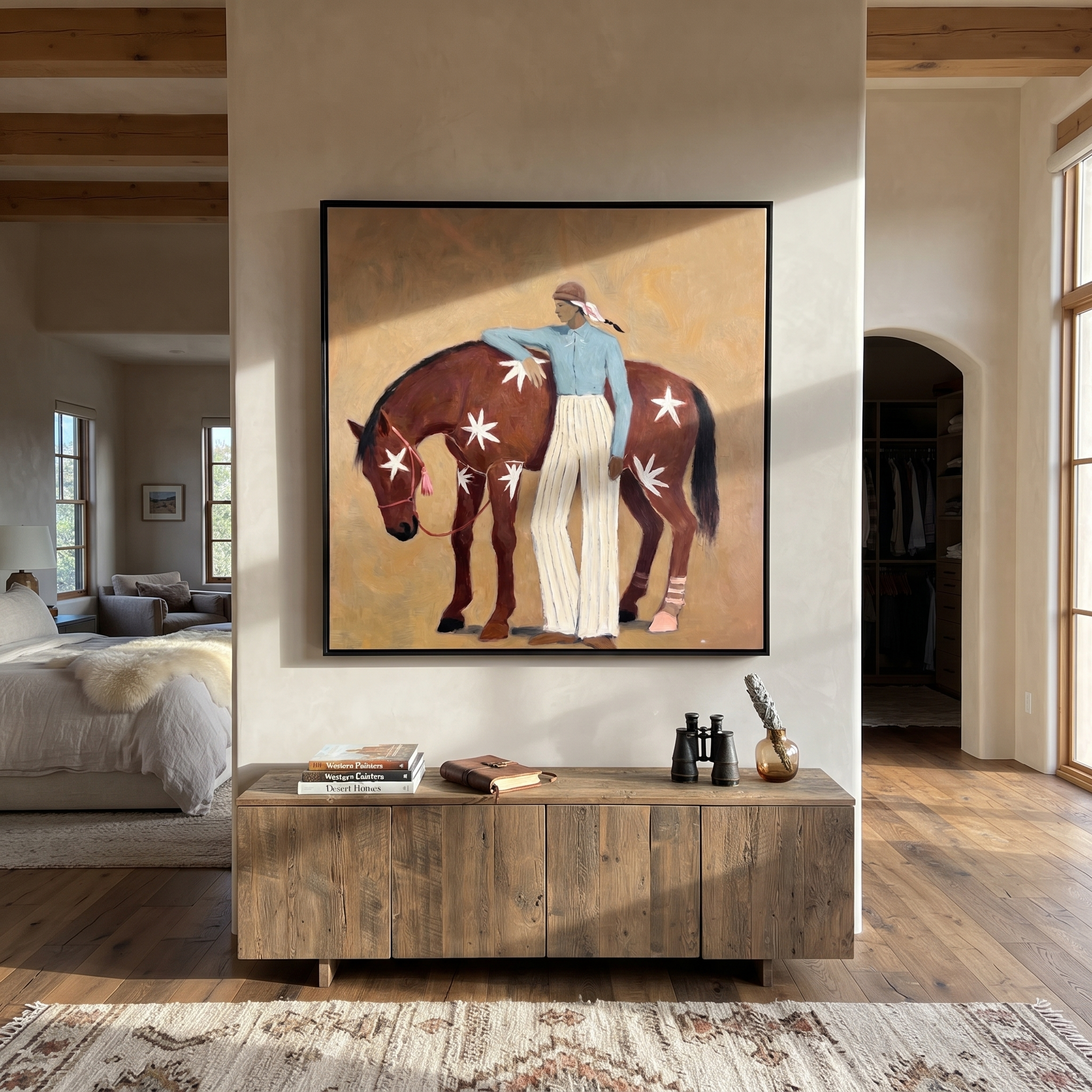 Midnight Rider Follow the Dust Road - figure and horse painting by Isabelle Laurent, modern Western square wall art – styled room scene view 4