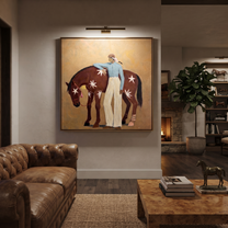 Midnight Rider Follow the Dust Road - figure and horse painting by Isabelle Laurent, modern Western square wall art – styled room scene view 5