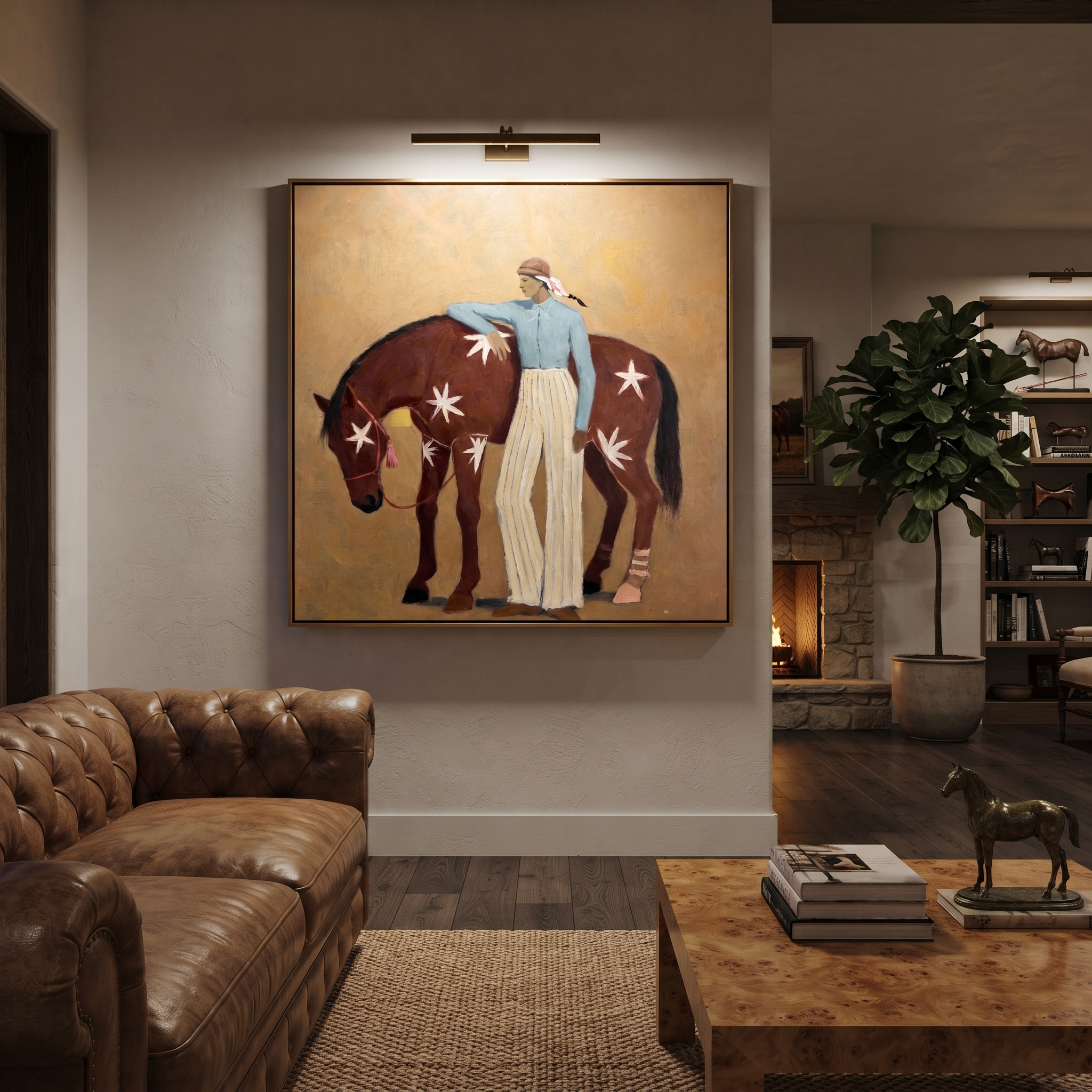 Midnight Rider Follow the Dust Road - figure and horse painting by Isabelle Laurent, modern Western square wall art – styled room scene view 5