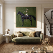 Quiet Reins Follow the Dust Road - horse and rider painting by Isabelle Laurent, modern Western square wall art – styled room scene view 1