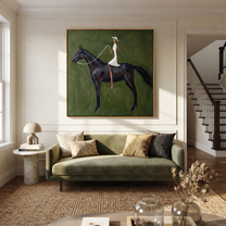 Quiet Reins Follow the Dust Road - horse and rider painting by Isabelle Laurent, modern Western square wall art – styled room scene view 1
