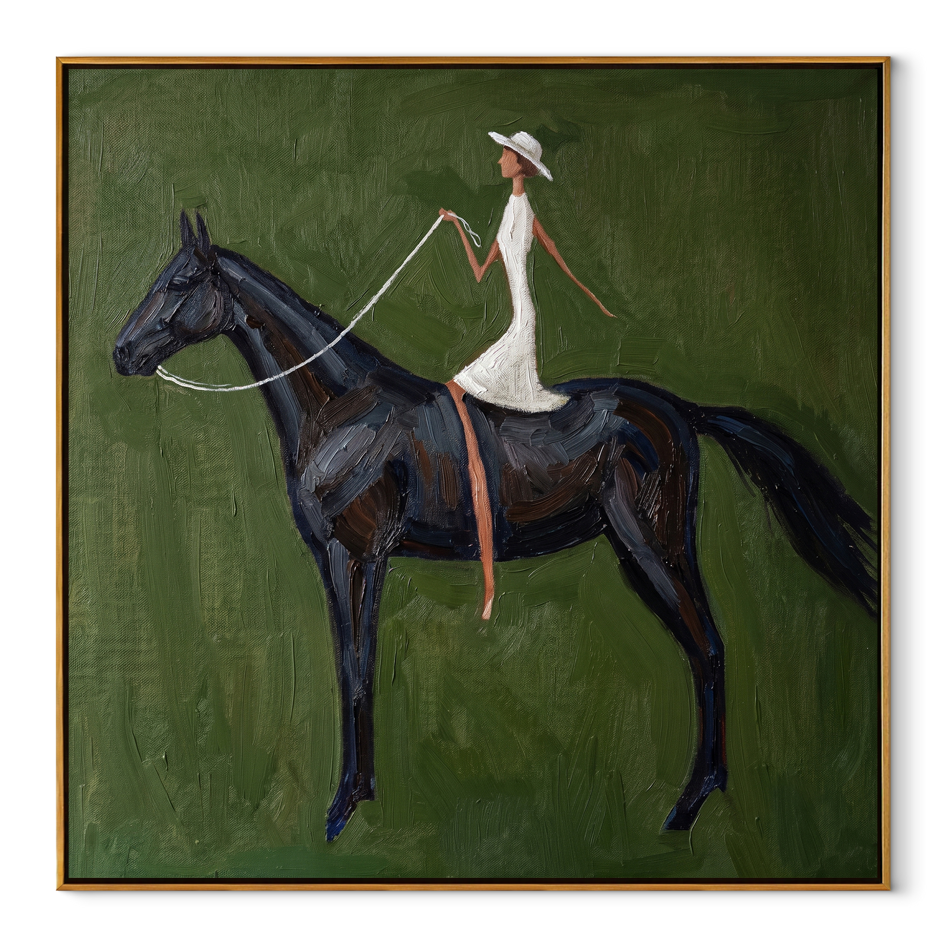 Quiet Reins Follow the Dust Road - horse and rider painting by Isabelle Laurent, modern Western square wall art – wood frame on white background