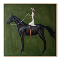Quiet Reins Follow the Dust Road - horse and rider painting by Isabelle Laurent, modern Western square wall art – wood frame on white background